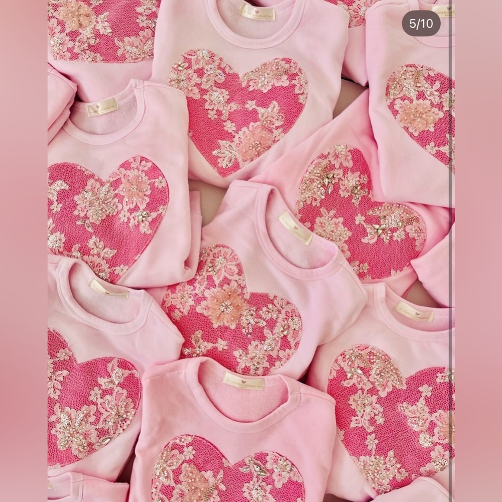 LoveShackFancy Girls Large Light Pink Embellish Sequin Pearl Lace Heart Sweater